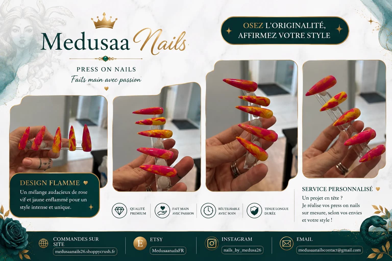 💅 Press On Nails Pink & Yellow Flames MedusaNails