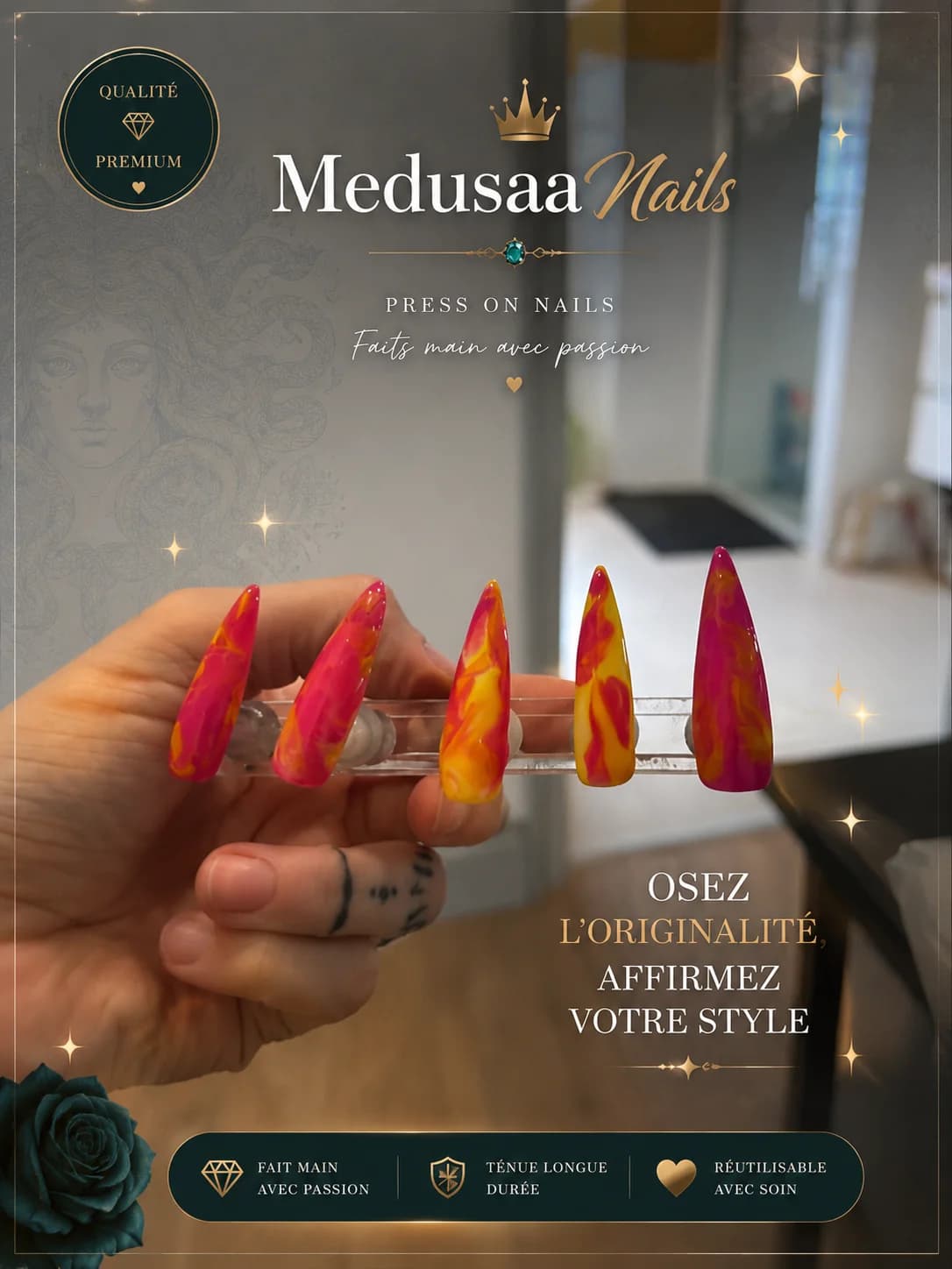 💅 Press On Nails Pink & Yellow Flames MedusaNails — photo 2