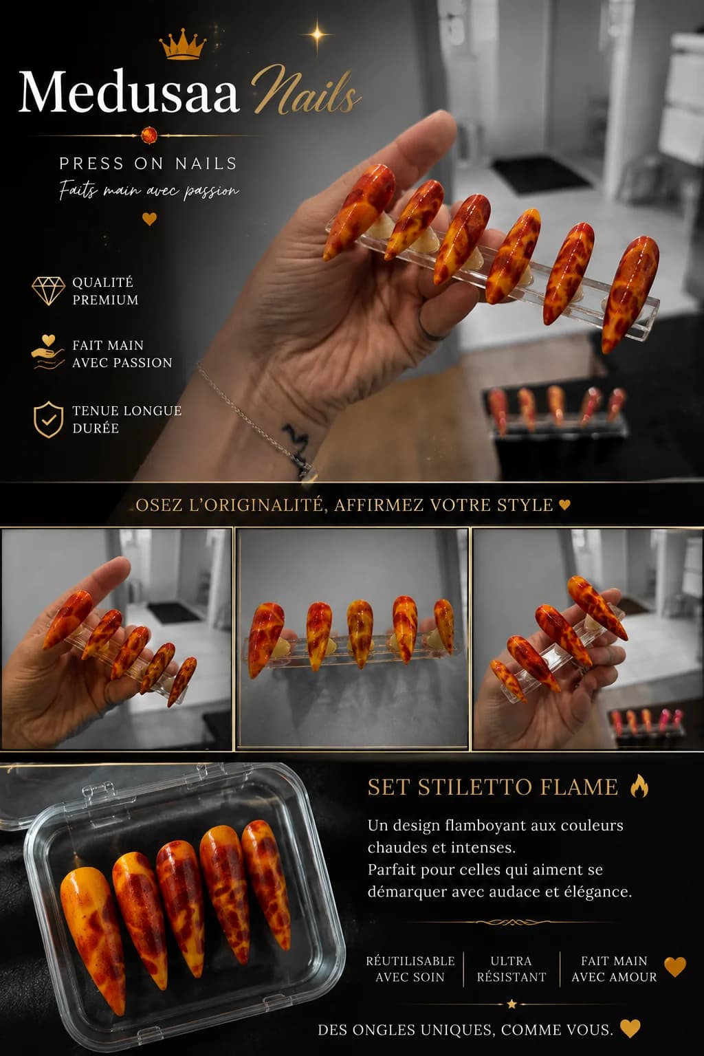 🔥 Press On Nails Stiletto Flamme Orange Rouge & Jaune – Fait Main MedusaaNails