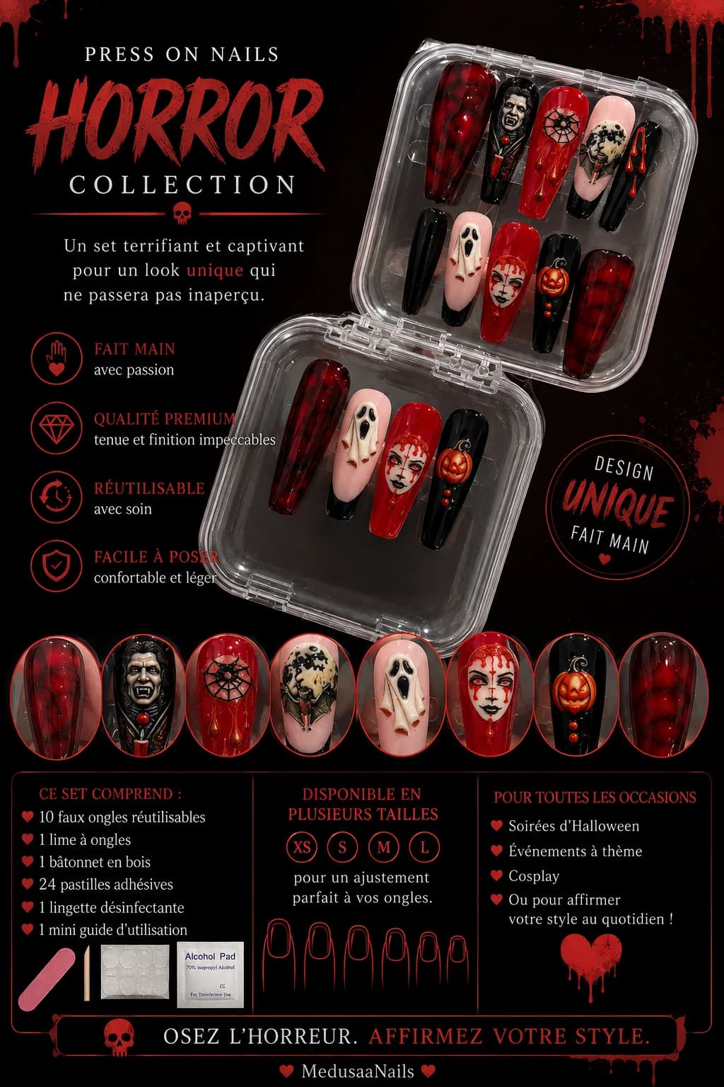 🩸🖤 Set Press-On Nails « Horrifiquement Beau » 🖤🩸