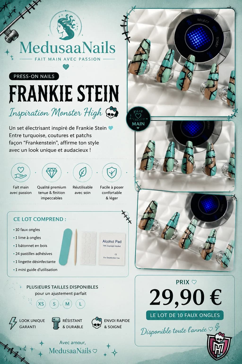 🖤 Press-on Nails – Frankie Stein ⚡