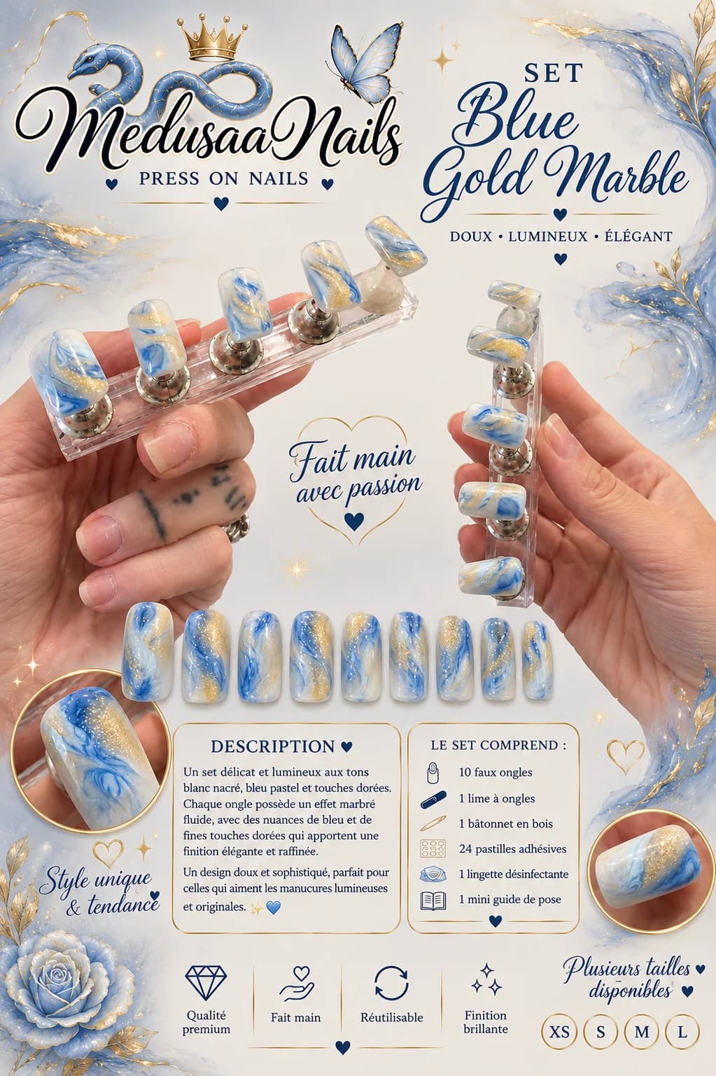 ✨ Set Press On Nails – Blue & Gold Marble ✨