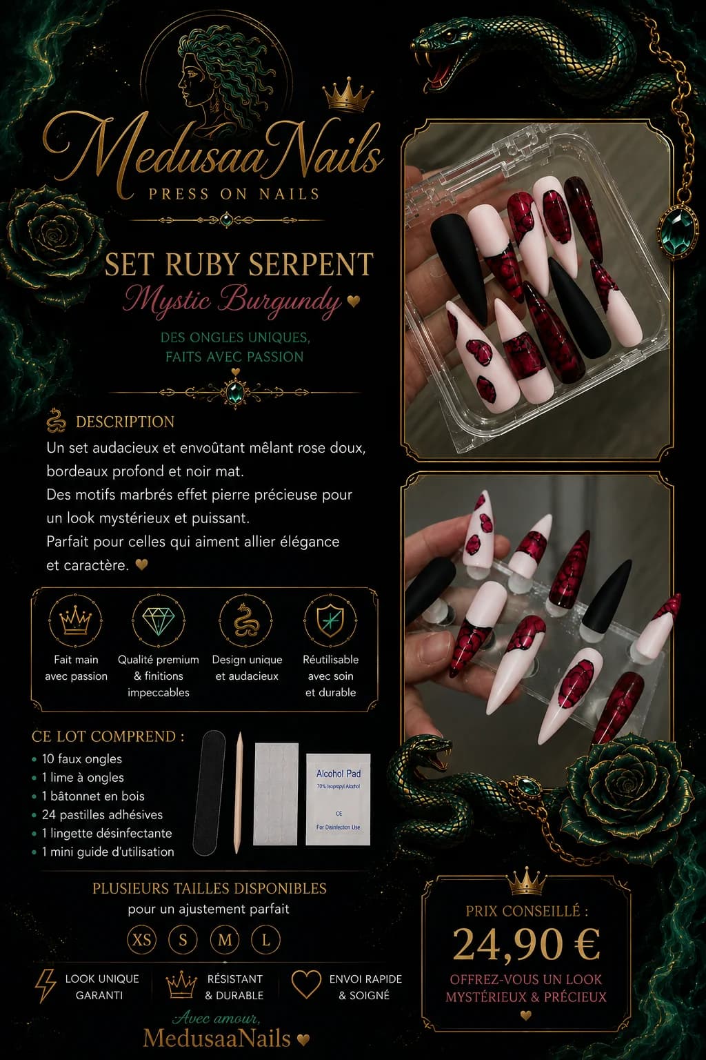 💗 Set Press On Nails – Pink & Burgundy Rose 💗